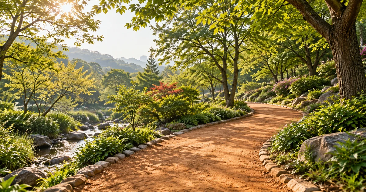 우리 동네에서 · 황톳길 찾기 AI 생성 예시 이미지 · 실제 장소 사진 아님
